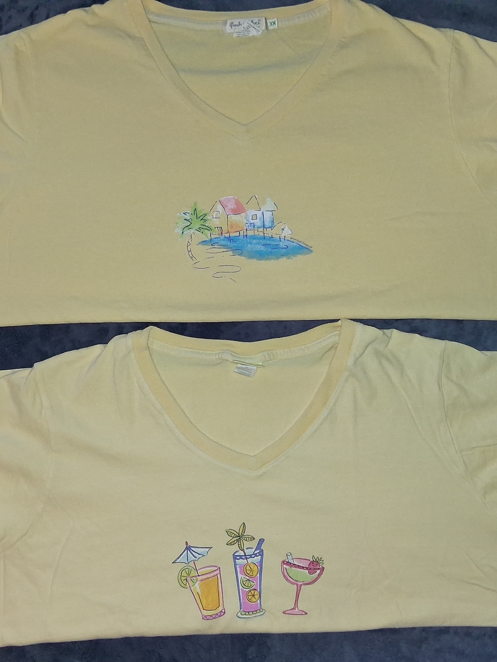Fresh Produce Lot of 2 V-Neck T-Shirts Womens 3X Yellow Tropical Drinks Beach